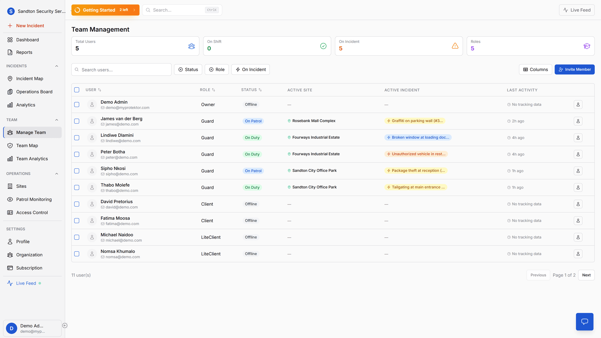 MyProtektor Manage Team, Add, edit, and manage guard profiles with roles, skills, and assignments.