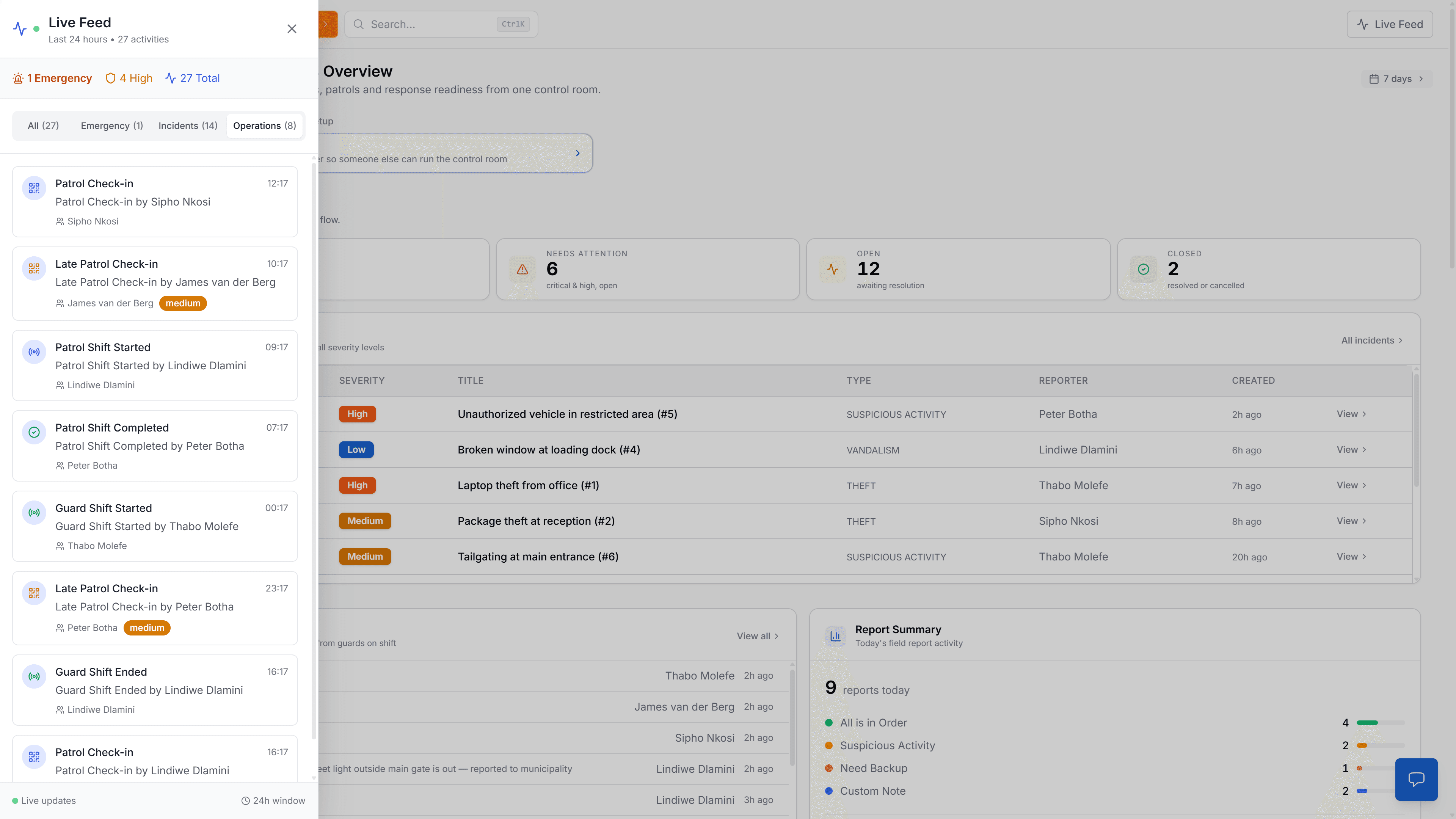 Operations filter selected showing patrol, shift, and operations events only