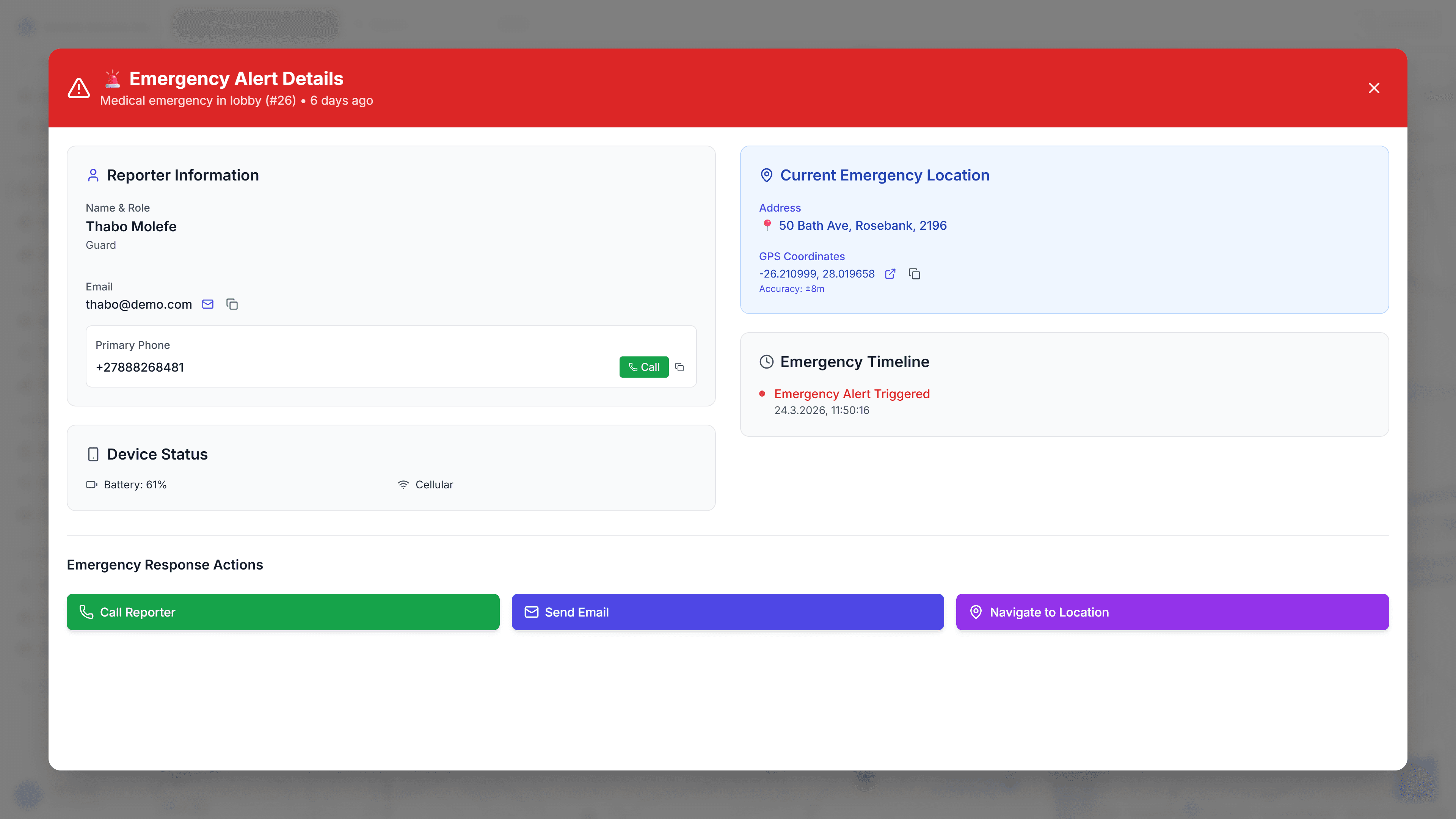 Incident Details panel open over board showing description, location, action buttons, and guard assignment section