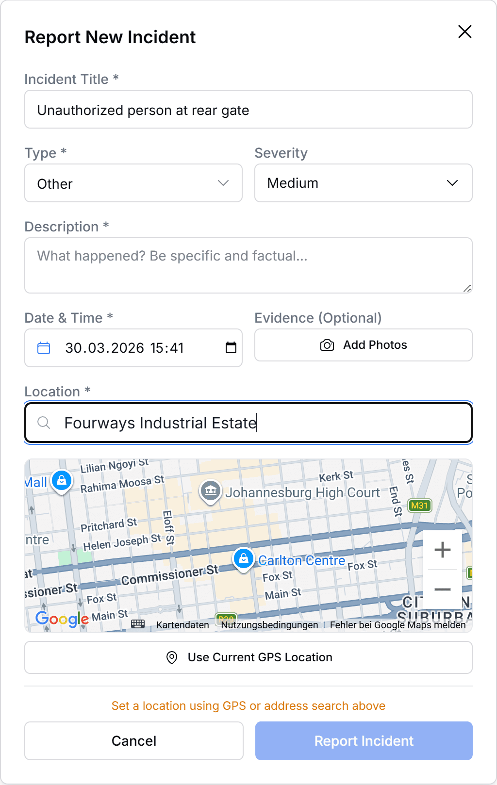 Filled report form showing title, description, date and time, address search, map, and submit button area