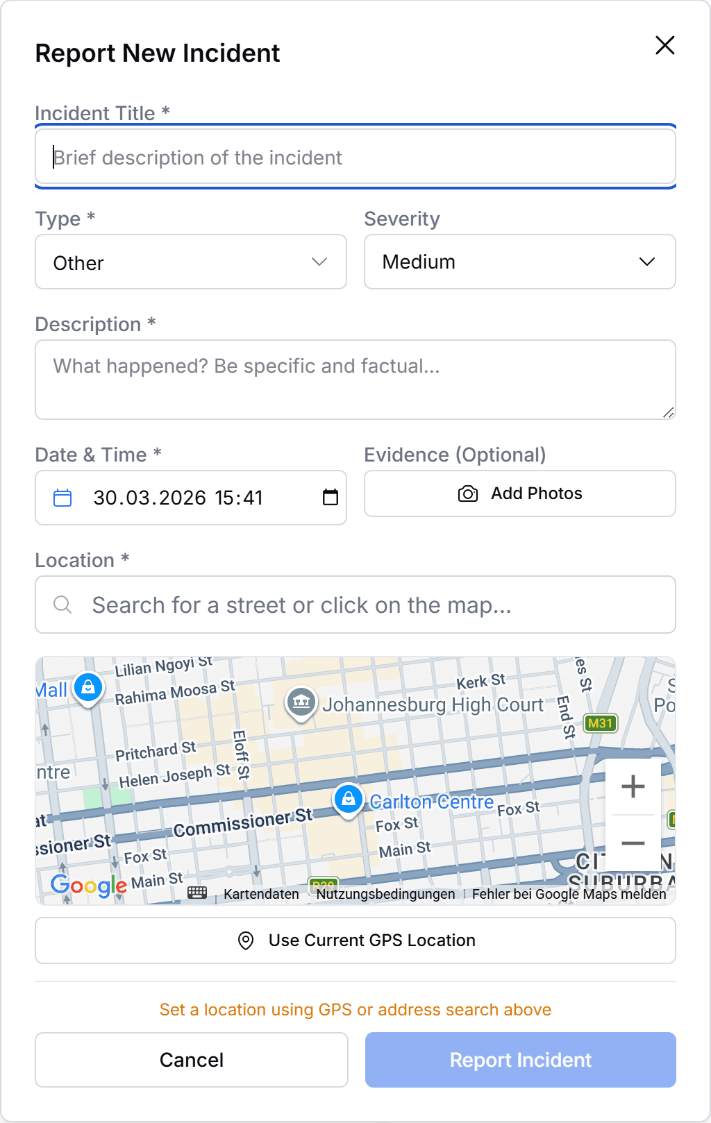 Report New Incident modal showing the current web form layout and required fields