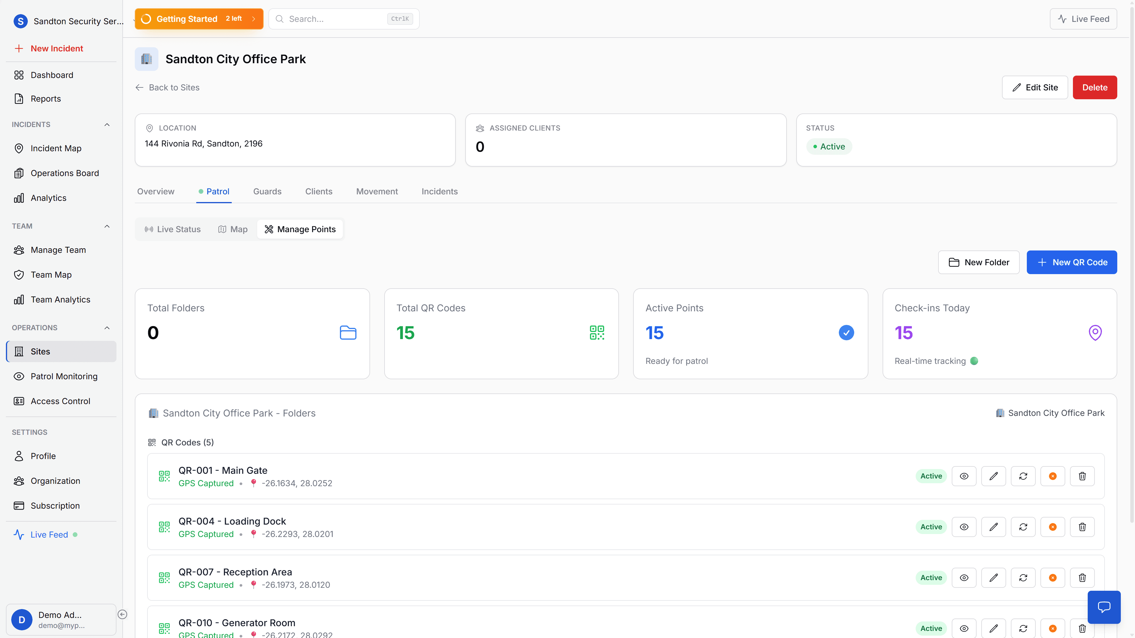 Patrol Management dashboard showing live monitoring tab with check-ins, active points, and patrol points status list