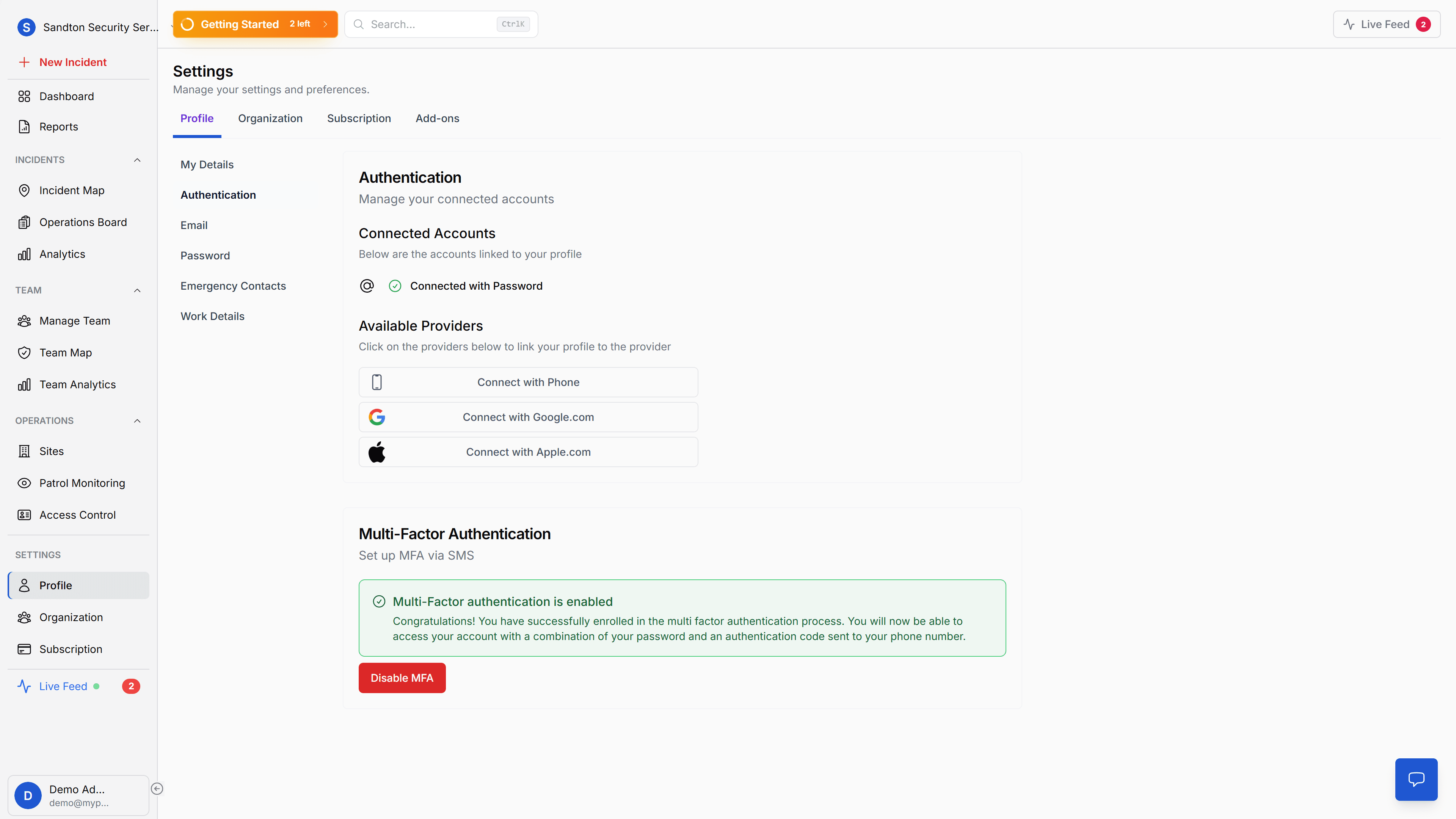Authentication tab showing connected accounts, available providers, and MFA section