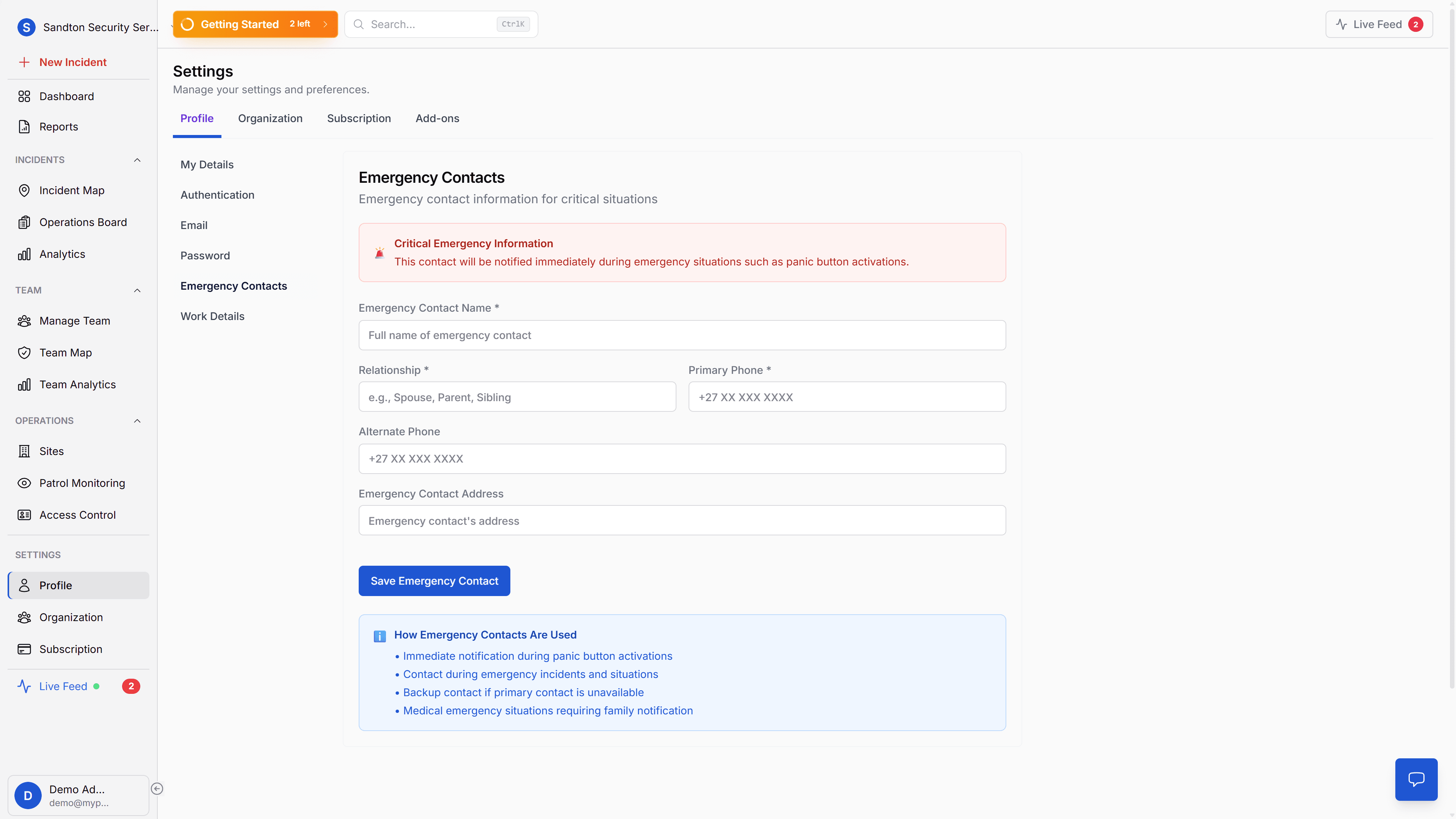 Emergency Contacts tab showing emergency contact form and critical information banner