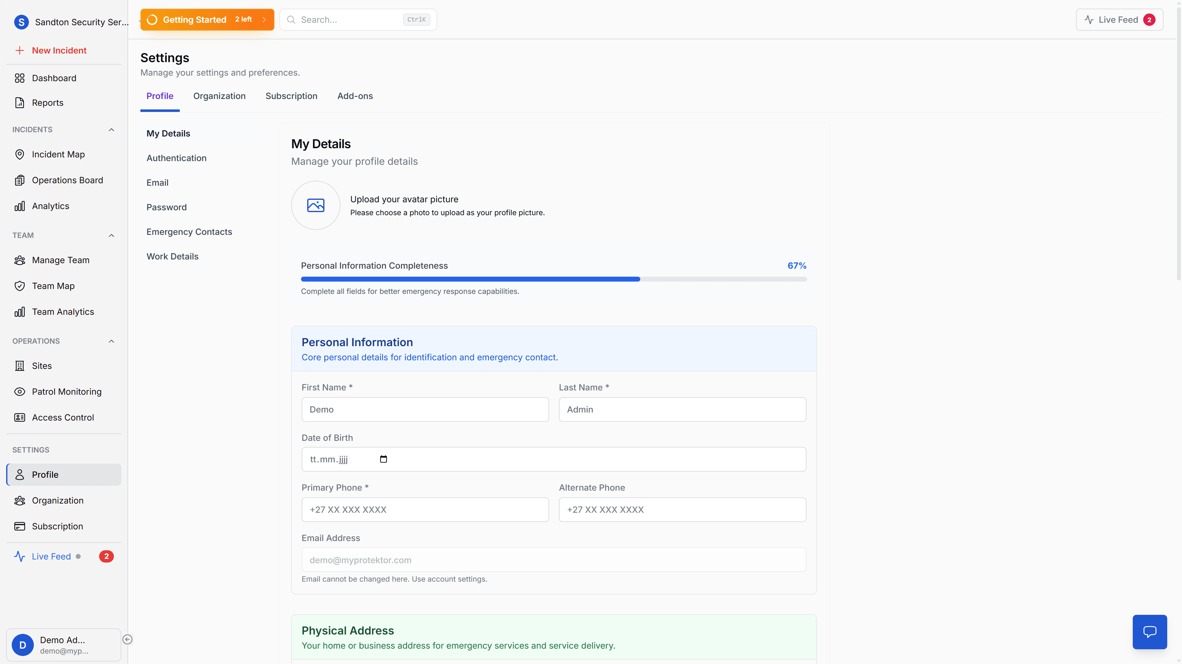 My Details tab showing personal information form, completeness bar, and address section