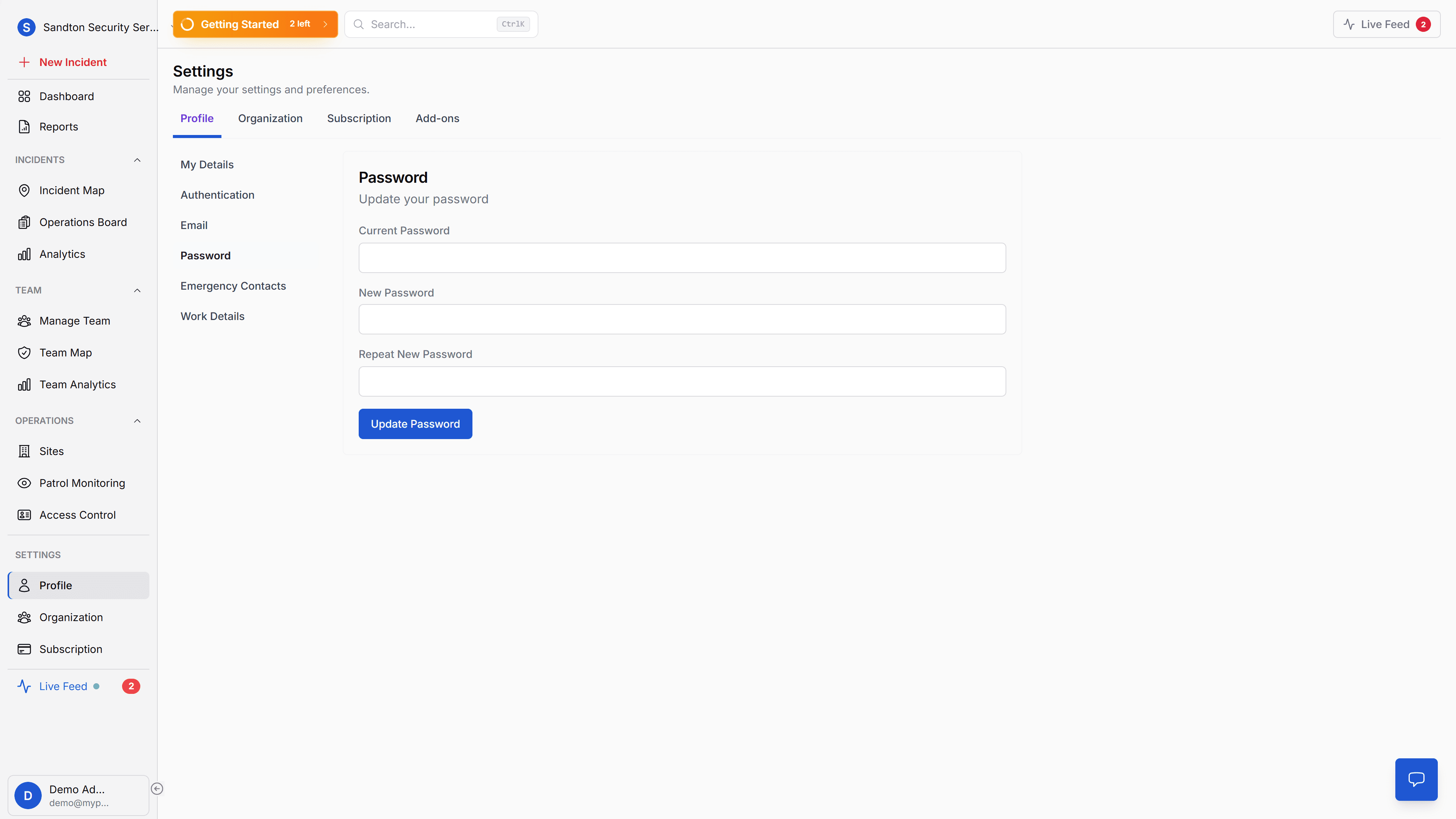 Password tab showing current password, new password, and repeat password fields
