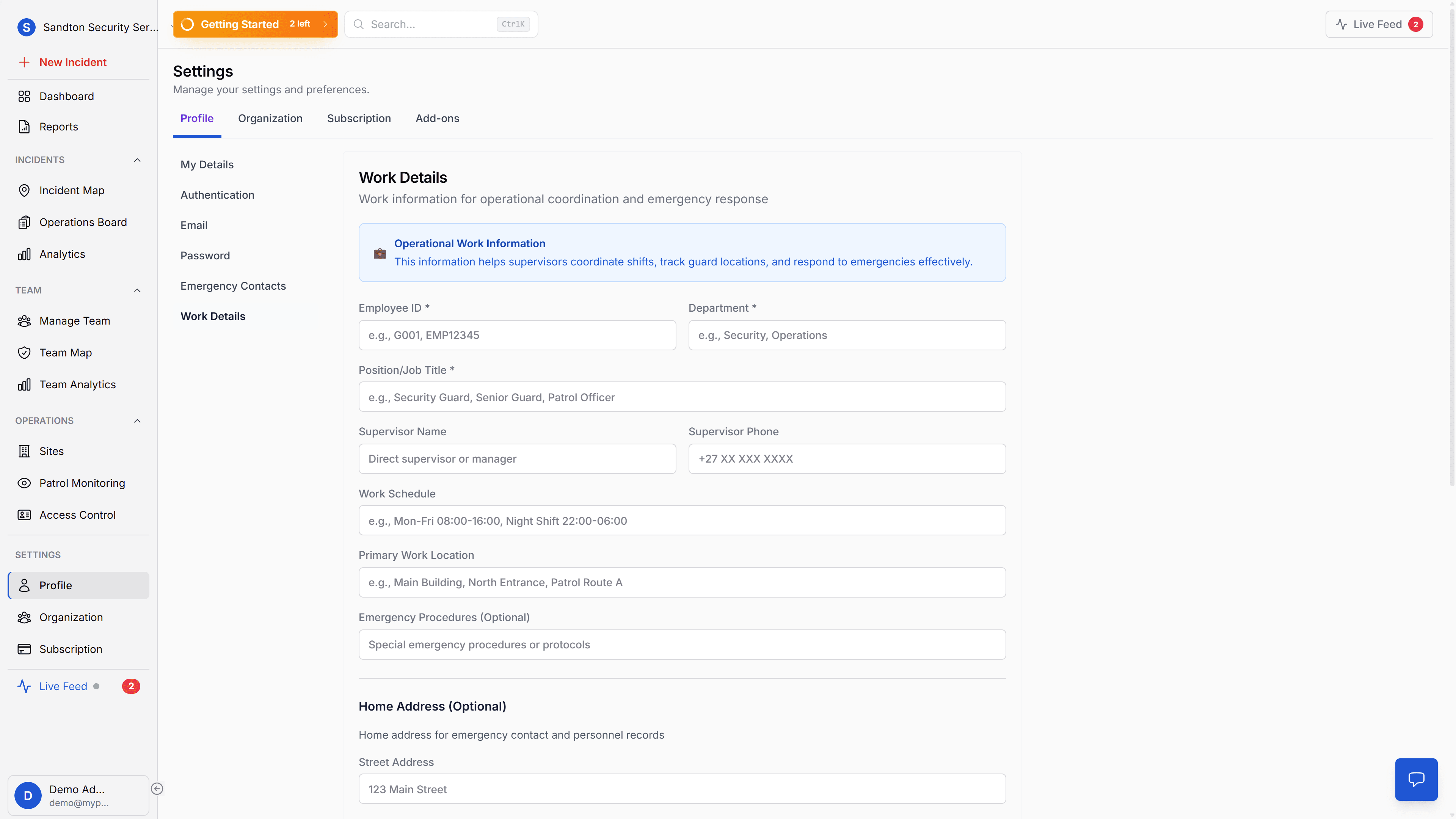 Work Details tab showing operational work information form and home address fields