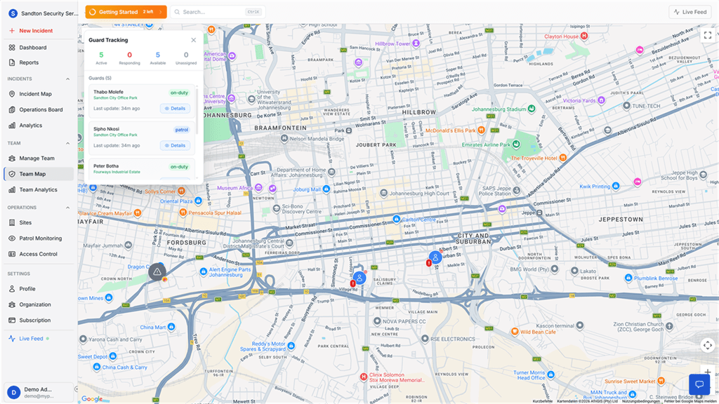 Guard Tracking live view with map, status summary counters, and active guards list panel