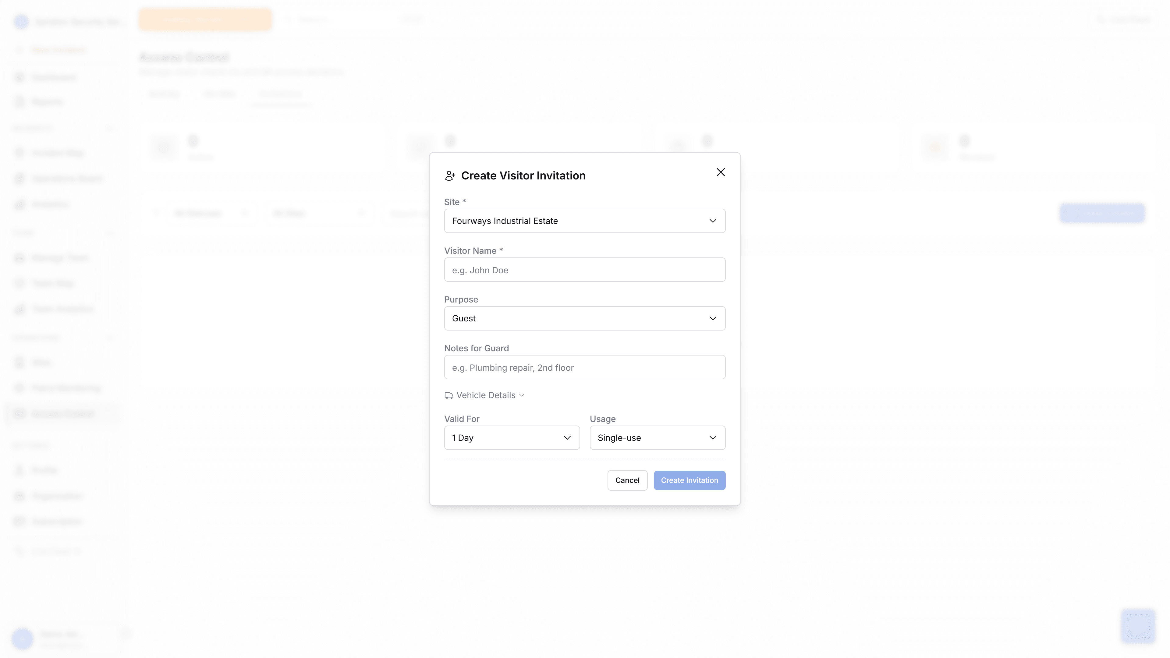 Visitor invitation management showing invitation records and sharing controls for gate access