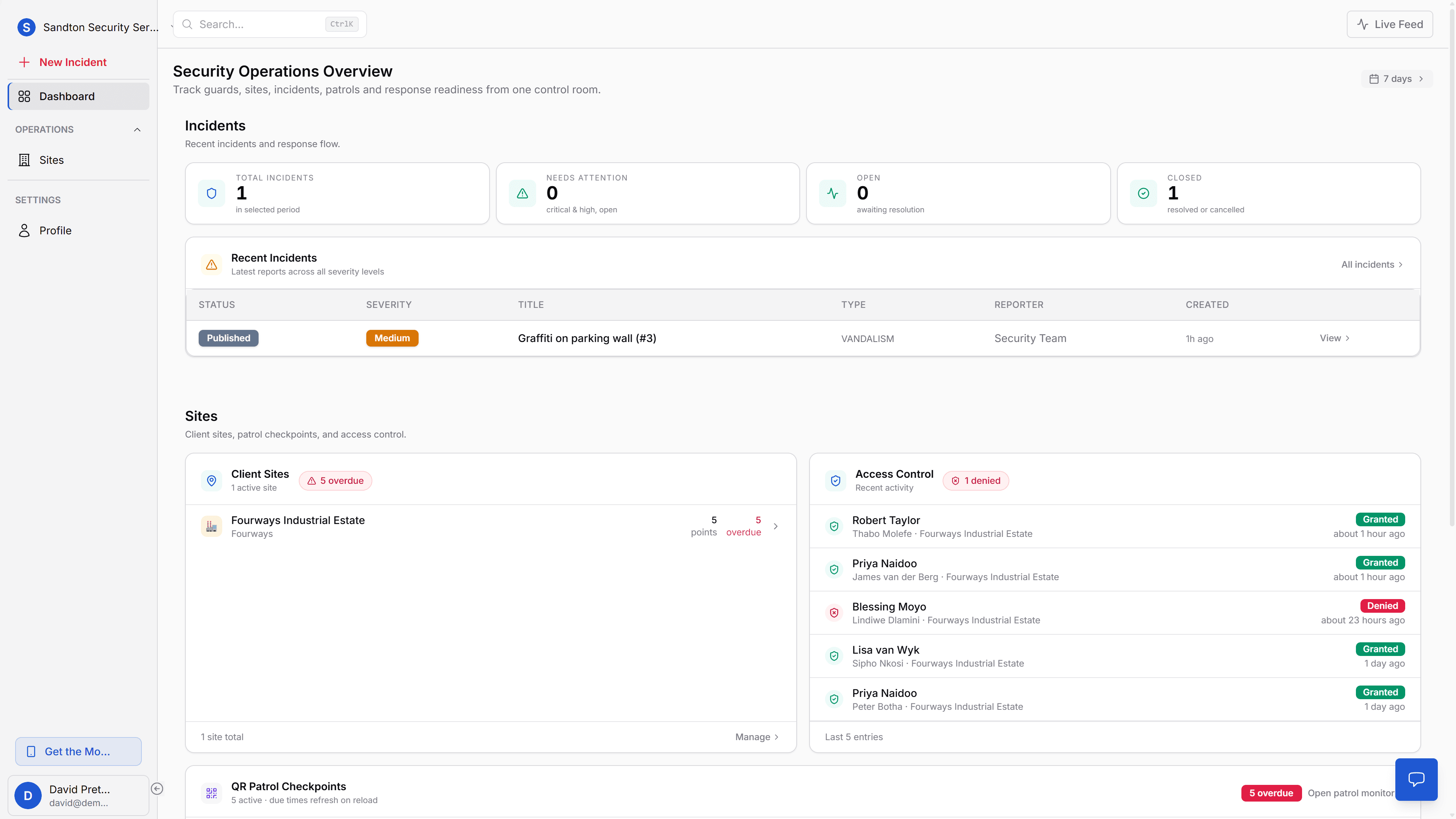 Client dashboard view showing published incidents, privacy-limited details, and client-safe visibility