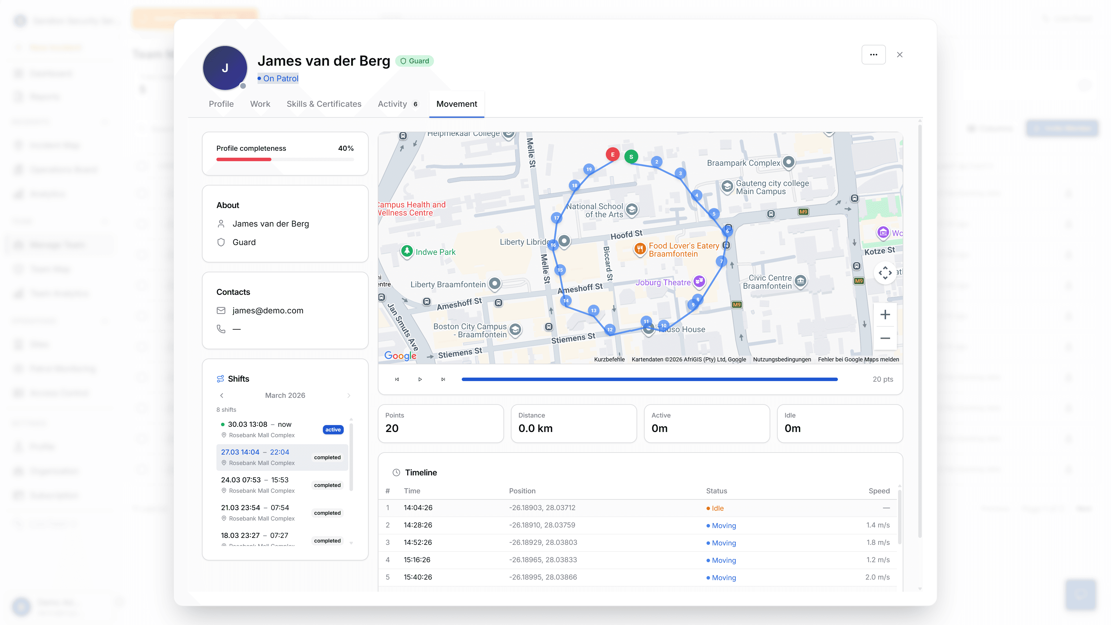 Guard movement history showing shift route, timestamps, and playback controls for patrol proof