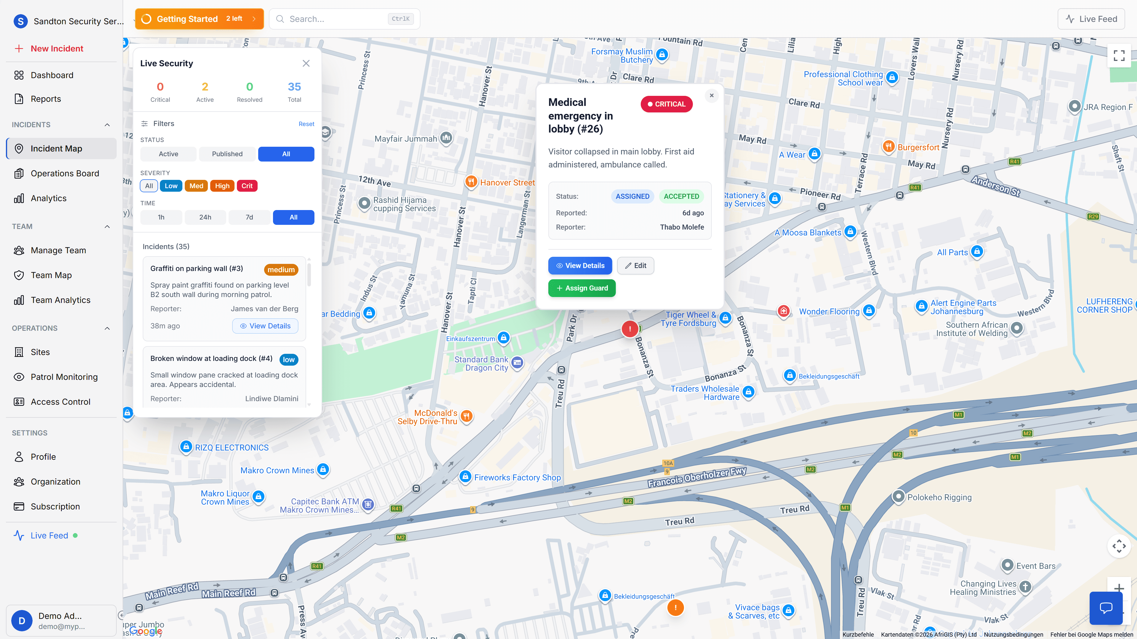 Guard assignment map showing available responders and emergency context for dispatch