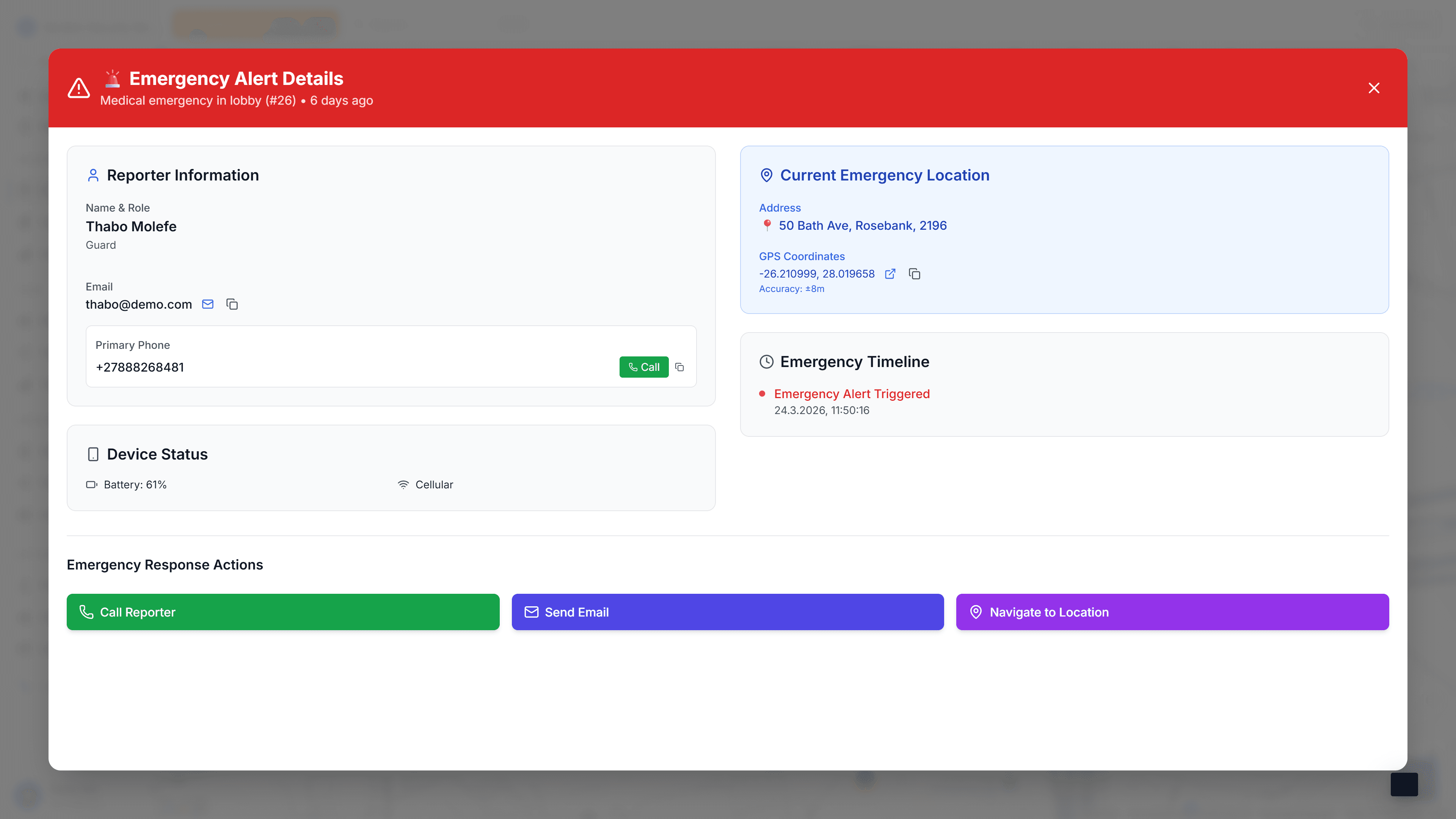 Panic alert details showing GPS, reporter identity, and device status in the MyProtektor control room
