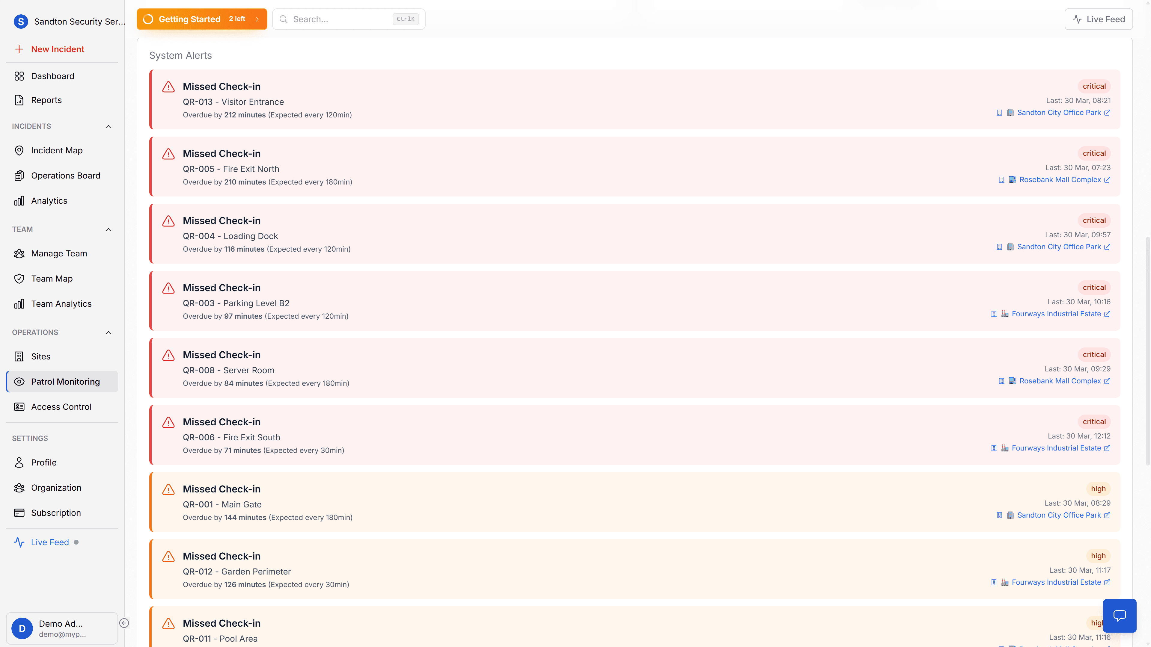 QR checkpoint watchlist showing overdue, due soon, and on-schedule patrol points with timestamps