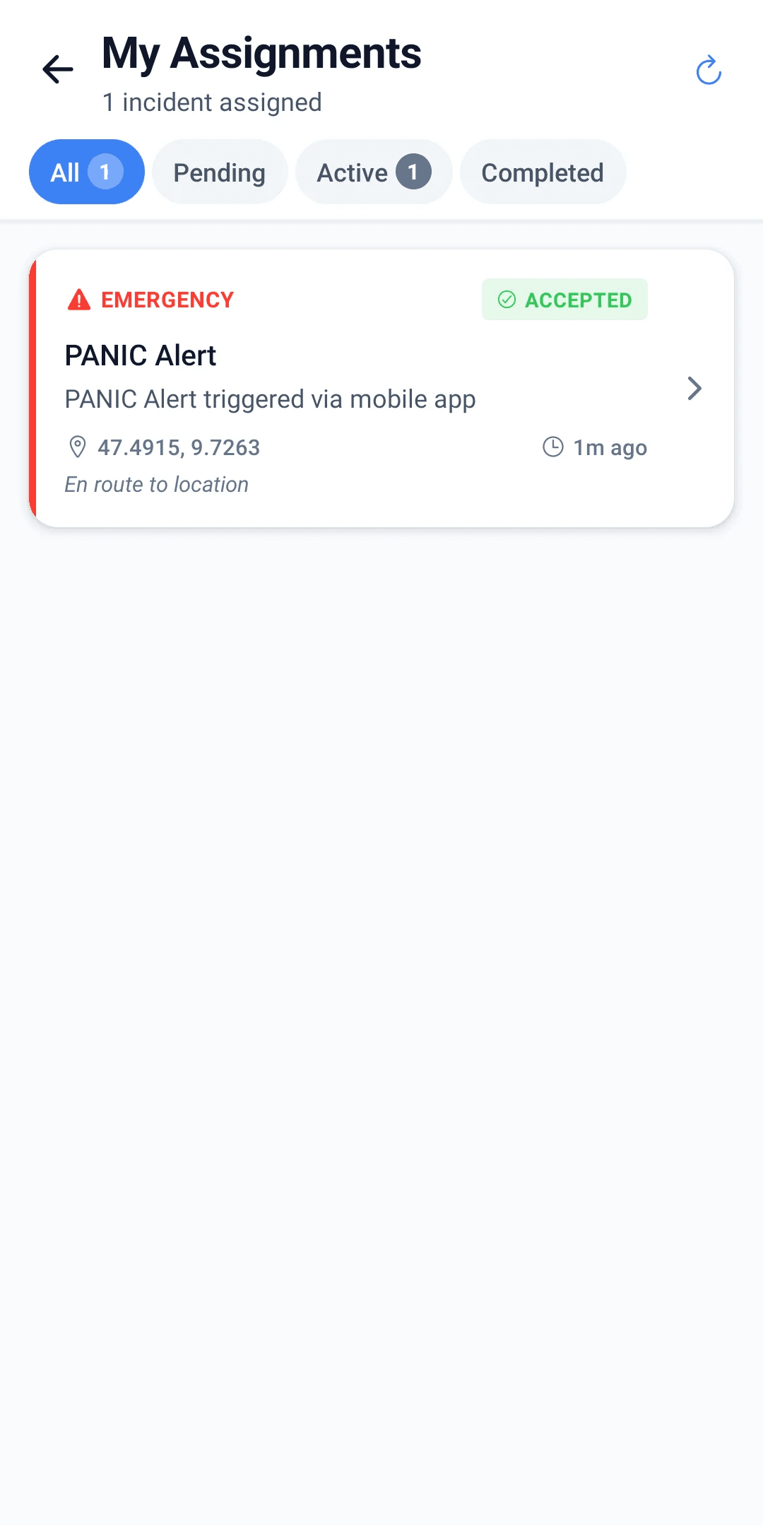 MyProtektor guard mobile app showing active assignments and daily operational context