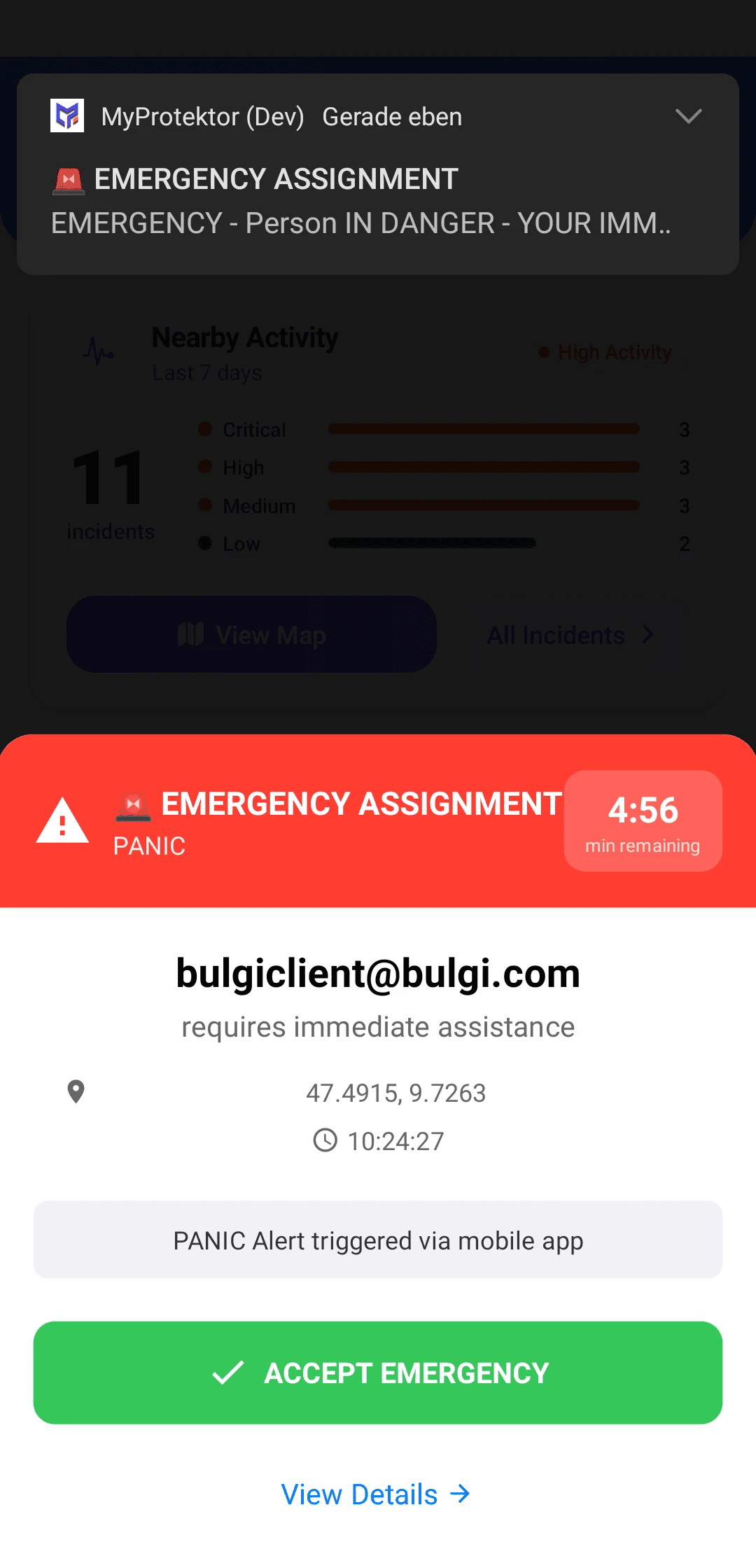 MyProtektor guard mobile app showing a high-priority emergency assignment notification