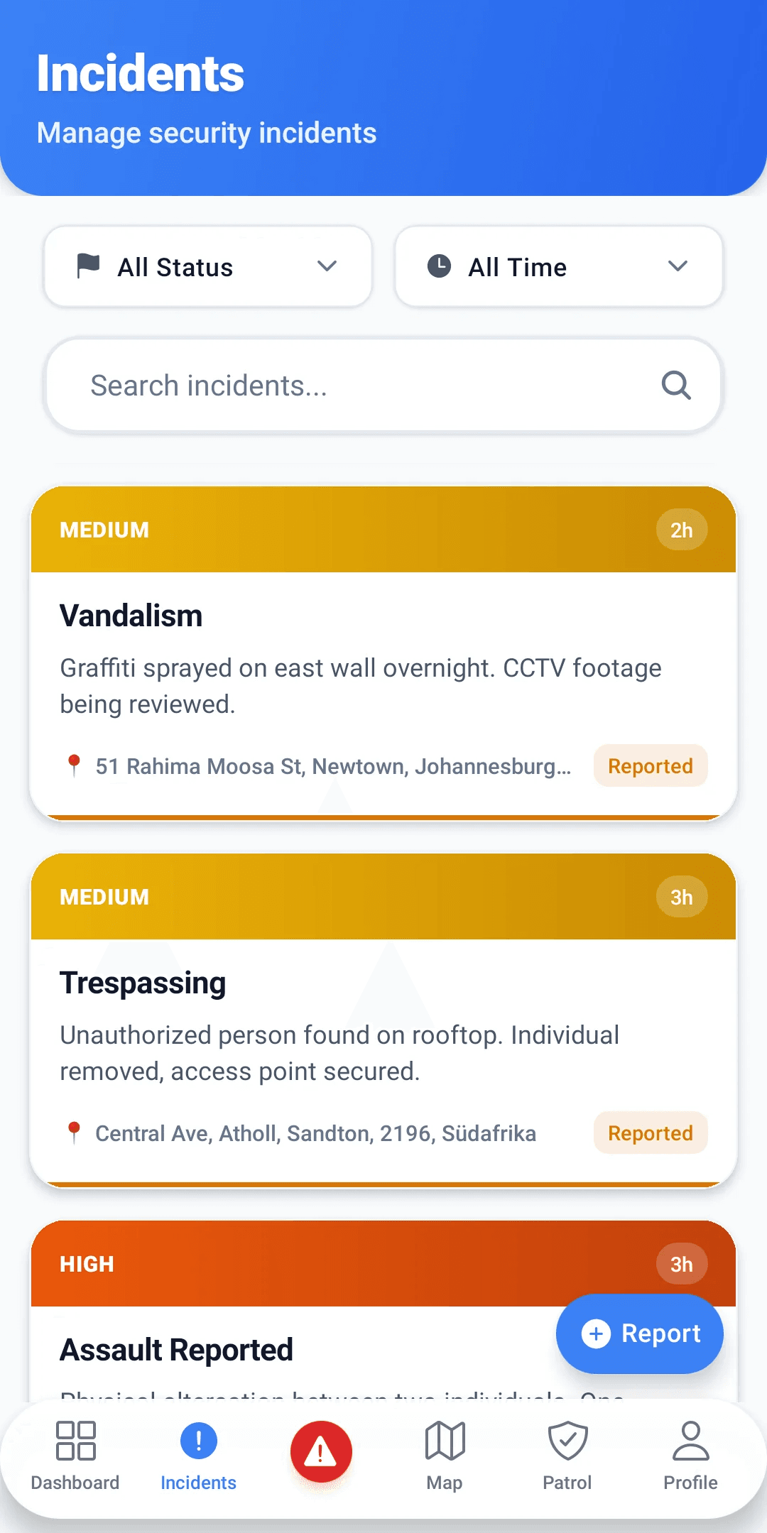 MyProtektor client mobile incidents feed showing published incidents with photos and details