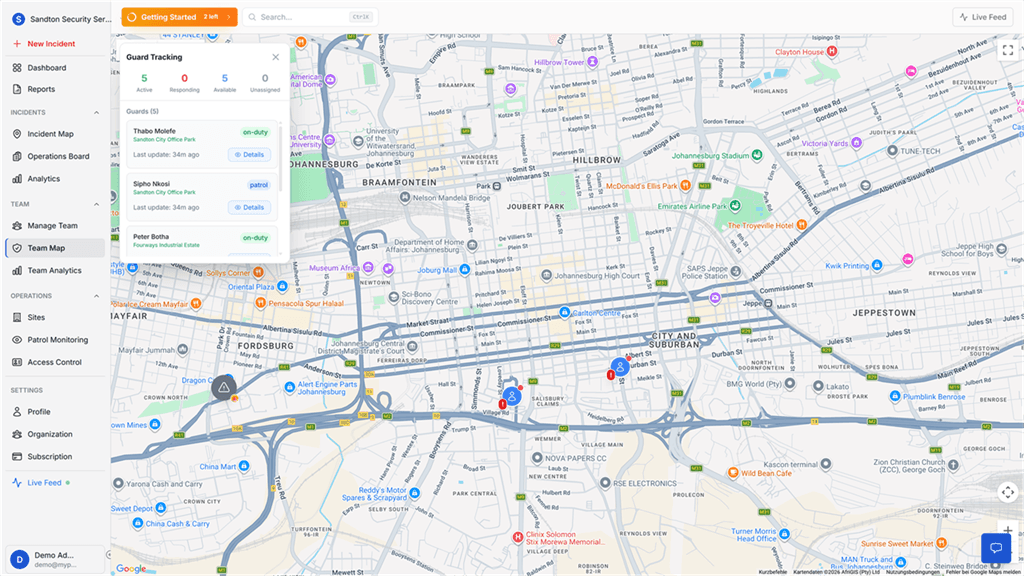 MyProtektor Live Guard Map, Real-time GPS tracking with guard details, device status, and activity history.